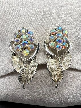 Coro Vintage Aurora Borealis Rhinestone Floral Clip On Earrings Silver Tone